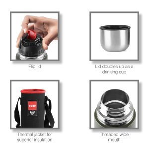 Cello Duro Flip Thermosteel Flask with Jacket | 1500ml, Black | 24 Hours Hot and Cold | Flask for Tea Coffee | Rust & Leak Proof | Ideal for Office, Gym, Home, Kitchen, Hiking, Travel Bottle