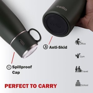 CELLO Duro Cup Style Thermosteel Flask, 500ml, Military Green | 24 Hours Hot & Cold Bottle | Dual Purpose Cup & Cap| Flask for tea coffee | Ideal For Office, Gym, Home, Kitchen,Trekking, Travel Bottle