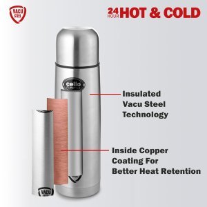 Cello Flipstyle Thermosteel Water Bottle with Jacket 500ml, Silver | 24 Hours Hot and Cold | Double Walled | Vacuum Insulated Flip Lid Flask Bottle | Perfect for Water, Tea, Coffee & Cold Beverages