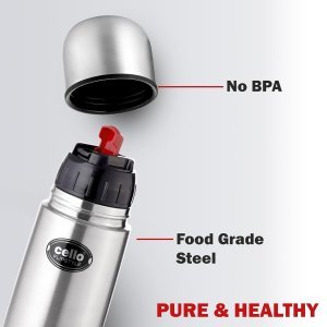 Cello Flipstyle Thermosteel Water Bottle with Jacket 500ml, Silver | 24 Hours Hot and Cold | Double Walled | Vacuum Insulated Flip Lid Flask Bottle | Perfect for Water, Tea, Coffee & Cold Beverages