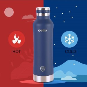 Cello Duro One Touch Insulated Flask | Hot and Cold Stainless Steel Water Bottle | Durable DTP Coating |Vacuum Insulated Bottle for Travel, Home, Office, School | 800 ml, Blue