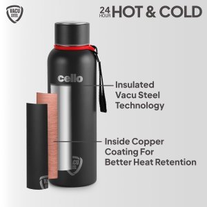 Cello Duro Kent Thermosteel Water Bottle 550ml, Black | ISI Certified | 24 Hours Hot Or Cold | Double Walled Vacuum Insulated Flask Bottle for Tea, Coffee | Ideal for Gifting, Personal Use & Office