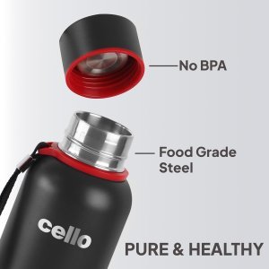 Cello Duro Kent Thermosteel Water Bottle 550ml, Black | ISI Certified | 24 Hours Hot Or Cold | Double Walled Vacuum Insulated Flask Bottle for Tea, Coffee | Ideal for Gifting, Personal Use & Office