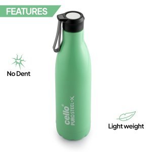 Cello Puro Steel-X Neo 900 Inner Steel Insulated Water Bottle 900ml, Green | ISI Certified | PU Insulated | BPA Free, Leakproof | Insulated Cold Water Bottle for Office, School, Cycling, Gym & Travel